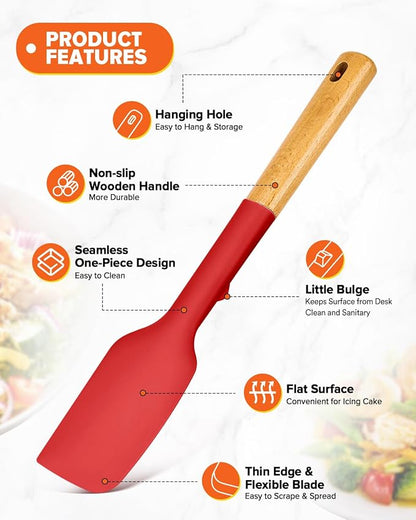 Silicone Heavy-Duty Spatula, Great For Tough Mixing And Stirring, Sturdy Bpa-Free Matte Silicone, Wooden Handle Rubber Scraper For Nonstick Cookwares (RED)