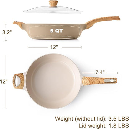 SENSARTE Ceramic Nonstick Frying Pan Skillet with Lid, 12 Inch Large Deep Frying Pan, 5 QT Saute Pan, Induction Pan, Healthy Non Toxic Cooking Pan with Helper Handle, PFOA PFAS PTFE Free