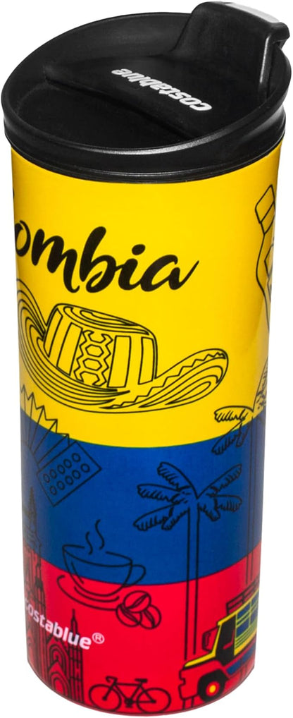 Colombia Vacuum Insulated Stainless Steel Thermal Travel Mug, 16 oz, Easy Clean, Flip leak Proof Lid Colombian Flag with Icons from Colombia…