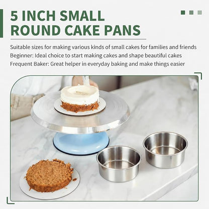 TeamFar 5 Inch Cake Pan Set of 2, Stainless Steel Small Layer Cake Baking Pans Tins, Round Bakeware for Birthday Wedding Party, Non-Toxic & Healthy, Mirror Finish & Dishwasher Safe