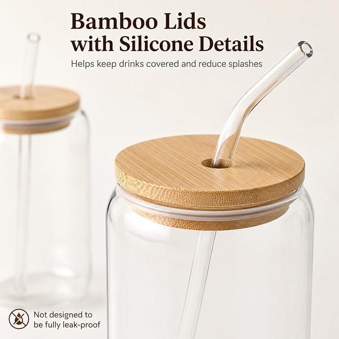 Glass Cups with Lids and Straws 2 Pack, 16 oz Iced Coffee Cups with Bamboo Lids, Reusable Glass Straws and Brushes for Matcha, Soda, Tea and Milk Tea