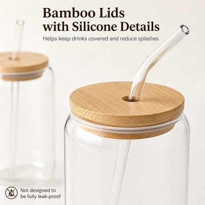 Glass Cups with Lids and Straws 2 Pack, 16 oz Iced Coffee Cups with Bamboo Lids, Reusable Glass Straws and Brushes for Matcha, Soda, Tea and Milk Tea