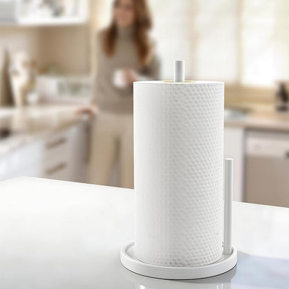 Jesginboo Paper Towel Holder Countertop, White Kitchen Paper Towels Holder, Paper Roll Holder with Weighted Base