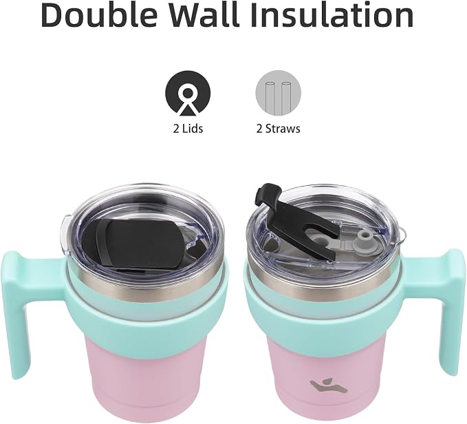 Konokyo 10 oz Tumbler with Handle and 2 Straw 2 Lid, Insulated Water Bottle Stainless Steel Vacuum Cup Reusable Travel Mug,Gum