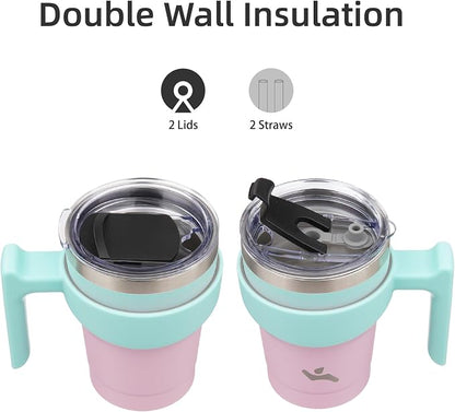 Konokyo 10 oz Tumbler with Handle and 2 Straw 2 Lid, Insulated Water Bottle Stainless Steel Vacuum Cup Reusable Travel Mug,Gum