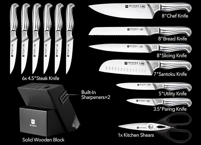 WIZEKA Kitchen Knife Set with Block: 15PCS German Stainless Steel Knife Block Set,One-Piece Design Knives Set for Kitchen, Professional Knife Set with Built-in Sharpener,Starry Sky Series Fathers day