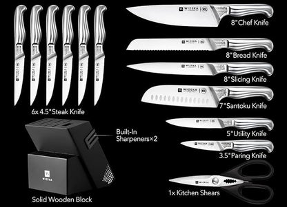 WIZEKA Kitchen Knife Set with Block: 15PCS German Stainless Steel Knife Block Set,One-Piece Design Knives Set for Kitchen, Professional Knife Set with Built-in Sharpener,Starry Sky Series Fathers day
