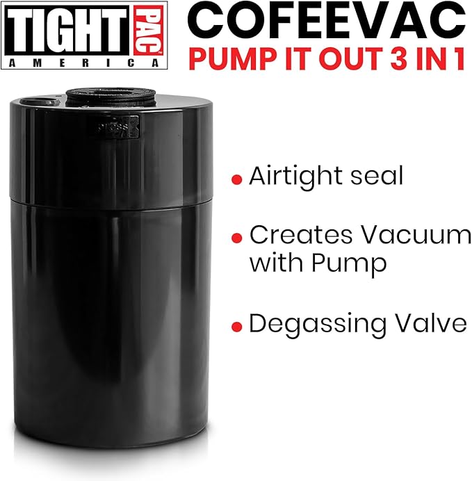 COFFEEVAC Pump It Out Airtight Coffee Container - Vacuum Coffee Storage Container for Ground Coffee Beans - Patented Vacuum Seal with Degassing Valve, 1 lb, Black