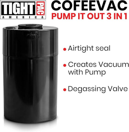 COFFEEVAC Pump It Out Airtight Coffee Container - Vacuum Coffee Storage Container for Ground Coffee Beans - Patented Vacuum Seal with Degassing Valve, 1 lb, Black