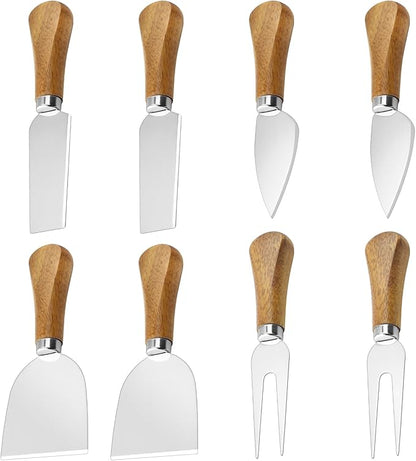 8 Pcs Cheese Knife Set, Cute Cheese Knives for Charcuterie Board, Stainless Steel Cheese Cutter with Wooden Handles, Dishwasher Safe, Hostess Gift Mother's Day, Weddings & Housewarming Parties