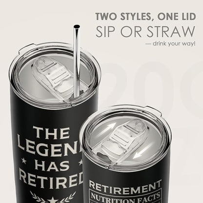 SANDJEST Retirement Tumbler 20oz, Stainless Steel Travel Cup with Lid, The Legend Has Retired Insulated Coffee Mug, Retirement Gifts for Men Coworkers Boss Friends on Birthday Christmas Farewell