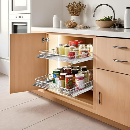 JOWBOOW Cabinet Pull Out Shelves (17" W x 21" D), Heavy-Duty Premium Collection Slide Out Shelves, Metal Roll Out Shelves for Kitchen Cabinets, Anti-Rust Chrome Finish