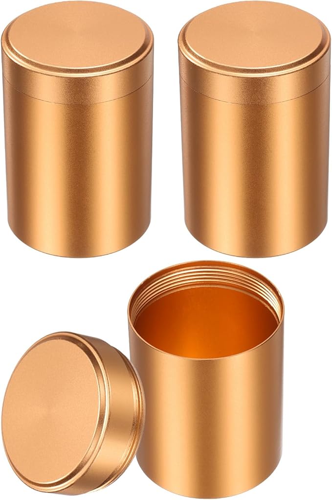 uxcell 3pcs Portable Storage Jar, Multipurpose Airtight Container Bottle Mini Smell Proof Metal Round Tins with Lid for Spices Coffee Tea Candy, Gold