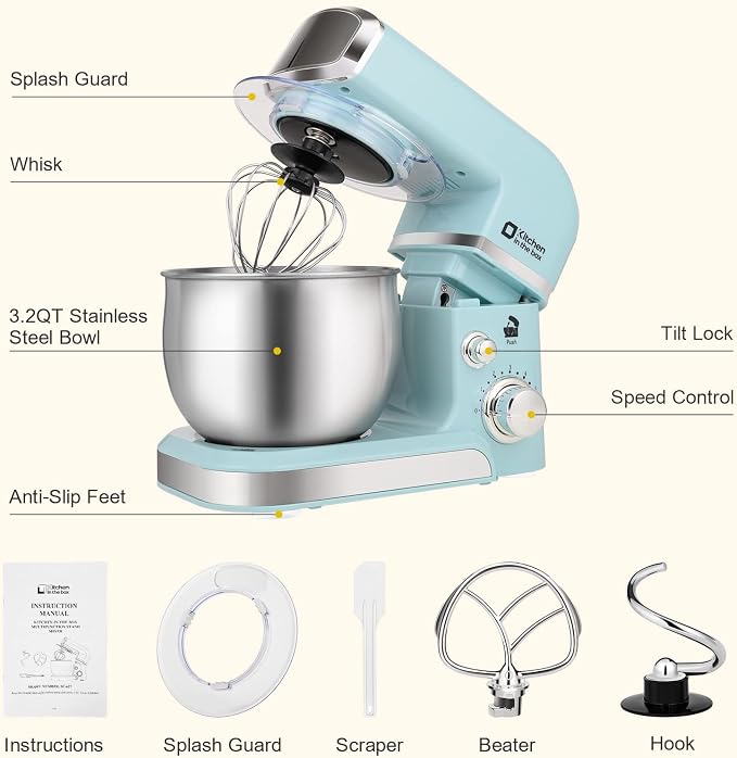 Kitchen in the box Stand Mixer,3.2Qt Small Electric Food Mixer,6 Speeds Portable Lightweight Kitchen Mixer for Daily Use with Egg Whisk,Dough Hook,Flat Beater