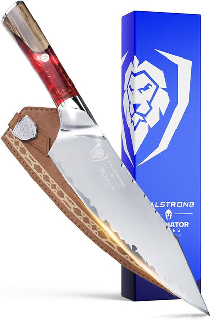 Dalstrong Chef Knife - 8 inch Blade - Premium 9CR18MOV HC Steel - Full Tang - Red Resin Handle - Chef's Knife - Valhalla Series - Razor Sharp Kitchen - Professional Leatther Sheath