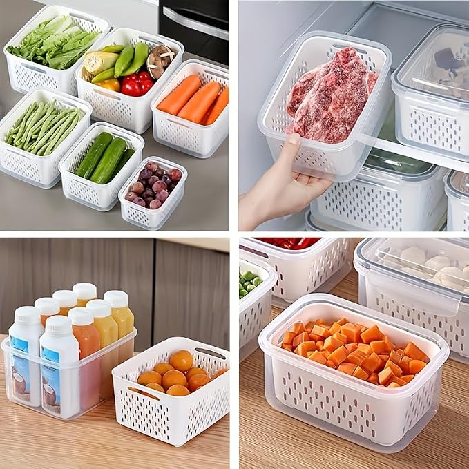 2PC Food Storage Containers for Fridge with Lid, Washable Fruit Storage Containers with Removable Colanders, Keep Fruits, Vegetables, Berry, Meat Fresh Longer