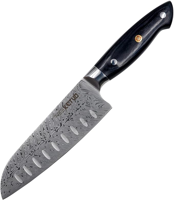 Ketuo Professional Chef Knife Damascus Carbon Steel with Laser Pattern Blade and Black Pakka Wood (7 Inch Santoku Knife)