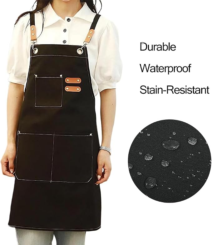 EUDOLAH Chef Aprons for Women Men with Large Pockets Cooking Aprons Canvas Cross Back Water Repellent Work Apron