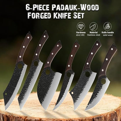6PCS Hand Forged Kitchen Knife Set, High Carbon Steel Chef Knives with Wenge Wood Handle, Sharp Cleaver & Butcher Knives Set for Kitchen Cooking, Hammered Blade, Leather Sheaths Included