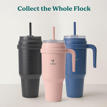 REDUCE Reusable 50 oz Cold1 Water Tumbler – Ergonomic Handle – Double-Wall Insulation – Sturdy Desktop/Tabletop Mug with Lid and Straw – BPA-Free – Stainless Steel for Gym, Home, Office – Casa Blanca