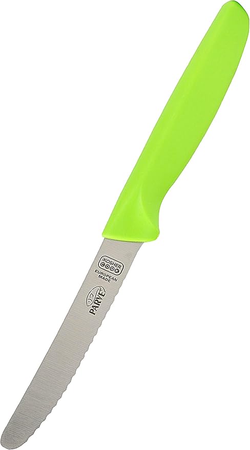 The Kosher Cook Parve Green Kitchen Knife - 4.5” Steak and Vegetable Knife - Razor Sharp Curved Tip, Serrated Edge - Color Coded Kitchen Tools