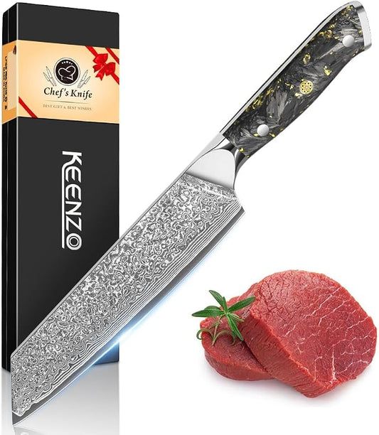 KEENZO Kiritsuke Knife 8 inch, Professional Chef Knife, Razor Sharp Japanese Hand Forged 67 Layers Damascus Steel Cooking Knife for Cooking,Kitchen,Gold Foil Resin Handle with Gift Box