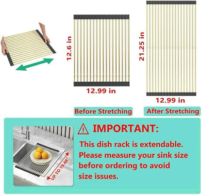 Large Telescopic Draining Rack, Gold Roll Up Heat-Resistant Dish Drainer for Stainless Steel Sinks, Non-Slip Silicone Rolling Dish Drainer Roll Rack 18 tube12.59-21.25x12.79''