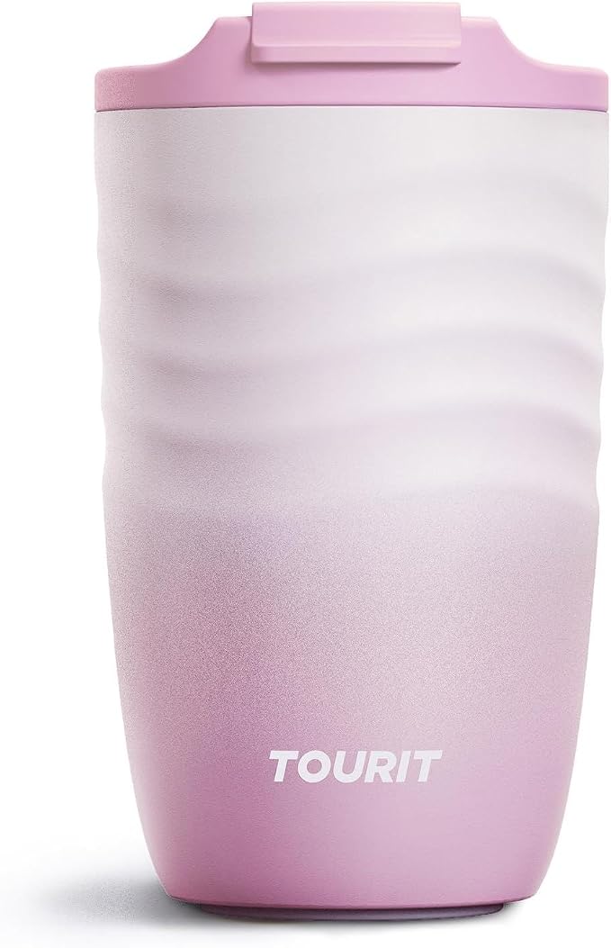 TOURIT 12 oz Travel Coffee Mug, Vacuum Insulated Stainless Steel Tumbler with Ripple-Wave Anti-Slip Grip, Built-in Silicone Bottom for Quiet & Stable, Leak-Proof Lid, Fits Car Cup Holder, Pink