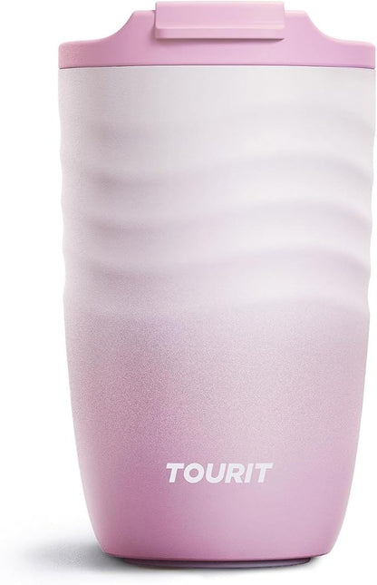 TOURIT 12 oz Travel Coffee Mug, Vacuum Insulated Stainless Steel Tumbler with Ripple-Wave Anti-Slip Grip, Built-in Silicone Bottom for Quiet & Stable, Leak-Proof Lid, Fits Car Cup Holder, Pink