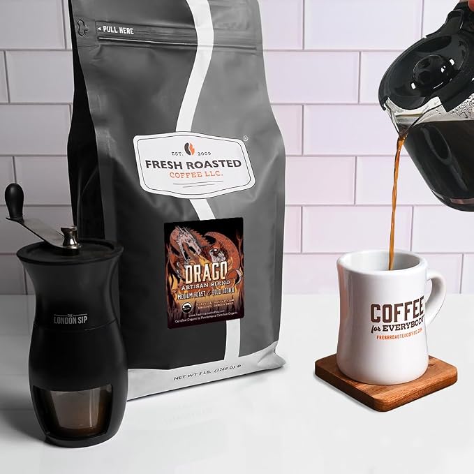 Fresh Roasted Coffee, Organic Drago Café Blend Whole Bean Coffee, Medium Roast, USDA Organic, Kosher, 5 lb (80 oz)