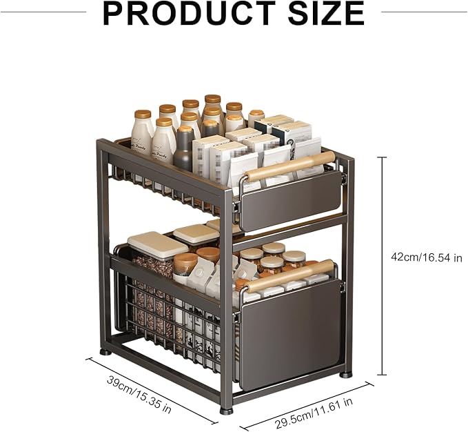 2 Tier Pull-out Storage Organizer, Slide Out Kitchen Cabinet Storage Sliding Shelves, Under Sink Organizers Drawer, Mesh Cabinet Basket with Handle for Bathroom, Home(Gray,Double Layer L)