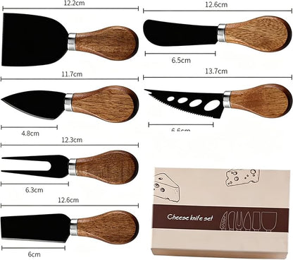 6 Piece Cheese Knives Set with Wooden Handle, Mini Steel Stainless Cheese knife set for Charcuterie and Cheese spread, Perfect for Cheese Slicer and Butter Cutter (Acacia-Black Box)