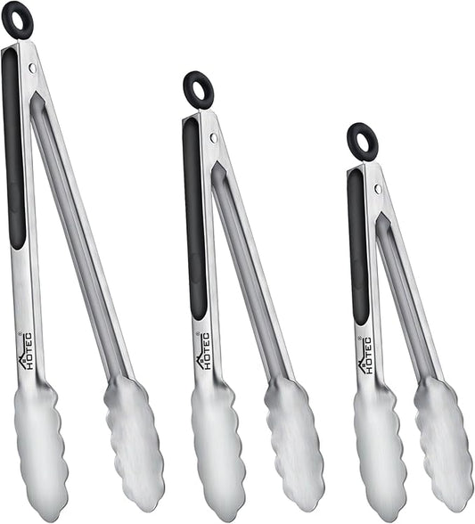 Hotec Stainless Steel Kitchen Tongs, Set of 3-7", 9" and 12", Locking Metal Food Tongs for Cooking, Serving, BBQ, Grill with Non-Slip Grip