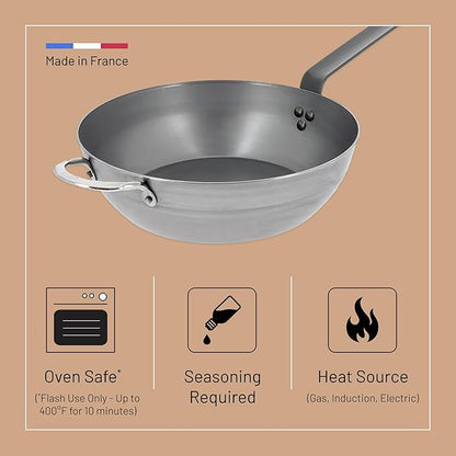 de Buyer MINERAL B Carbon Steel Country Fry Pan - 12.5” Diameter, 8.9” Cooking Surface - Ideal for Sauteing, Simmering, Deep & Stir Frying, One-Pan Meals - Naturally Non-Stick Finish - Made in France
