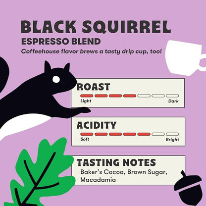 Peace Coffee Black Squirrel Espresso Blend Ground Medium Roast Coffee, 12 oz, Pack of 3, Organic Fair Trade, Smooth, Classic Flavor, Shade Grown, Fresh Roasted