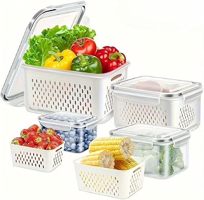 2PC Food Storage Containers for Fridge with Lid, Washable Fruit Storage Containers with Removable Colanders, Keep Fruits, Vegetables, Berry, Meat Fresh Longer