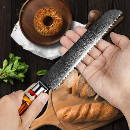 FANTECK Bread Knife,8" Serrated Kitchen Knife, VG10 Damascus Pro High Carbon Stainless Steel 67-Layer Knife for Homemade Bread,Razor Sharp Edge for Efficient Slicing Sourdough Bread, Bagels, Cake