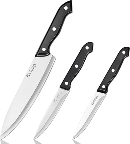 3-Piece Kitchen Knife Set: 8" Chef, 5" Utility, 4.5" Paring Knife. Stainless Steel Blades in Black, Ideal for Cooking, Chopping, Slicing and BBQ.