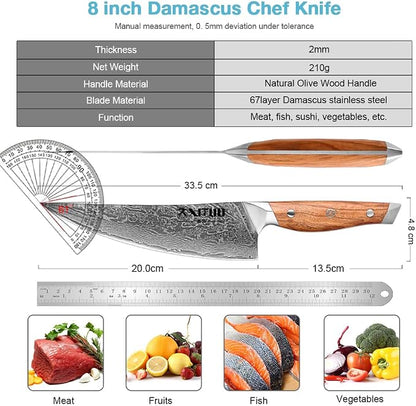 XITUO 8-Inch Damascus Steel Chef Knife, Olive Wood Handle – Japanese-Inspired Kitchen Knife for Chopping, Mincing & Slicing Meat, Poultry & Vegetables, Gift for Pro & Home Cooks