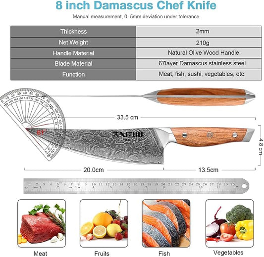 XITUO 8-Inch Damascus Steel Chef Knife, Olive Wood Handle – Japanese-Inspired Kitchen Knife for Chopping, Mincing & Slicing Meat, Poultry & Vegetables, Gift for Pro & Home Cooks