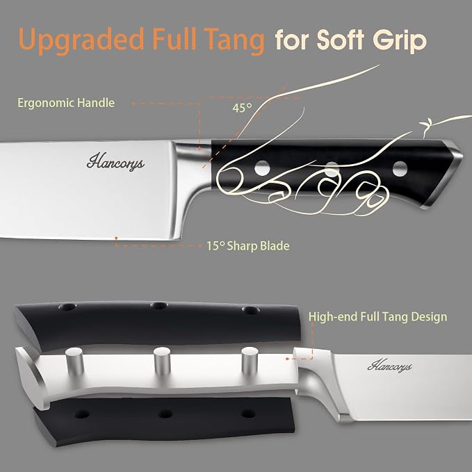 Knife Block Set, 15 Pcs Kitchen Knife Set, Enduring Ultra Sharp High Carbon German Stainless Steel Chef Knives Set with Built-In Sharpener, Full Tang Ergonomic Handle, Black