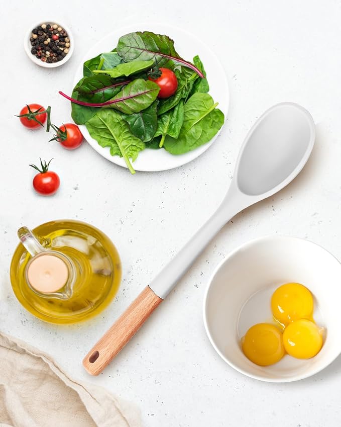 Large Silicone Cooking Spoons, Nonstick Solid Wooden Handle Spoon, Heat Resistan Silicone Kitchen Spoons for Cooking, Serving, Basting, Mixing, 13.2inch (WHITE)