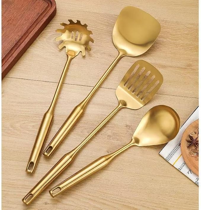 Premium 7-Piece Gold Kitchen Utensil Set with Stand, Stainless Steel Cooking Tools- Dishwasher Safe Ladle, Spoon, Spatula, Pasta Fork, Luxury Brass Kitchen Accessories for Home Chefs (Gold)
