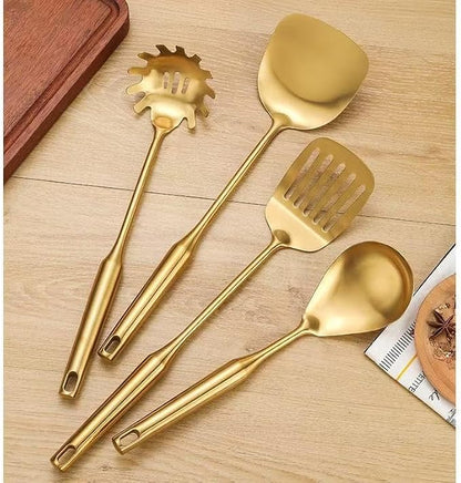Premium 7-Piece Gold Kitchen Utensil Set with Stand, Stainless Steel Cooking Tools- Dishwasher Safe Ladle, Spoon, Spatula, Pasta Fork, Luxury Brass Kitchen Accessories for Home Chefs (Gold)