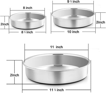 P&P CHEF Cake Pan Set of 3, 8" + 9.5" + 11" Round Baking Layer Tier Cake Pans Tins, Stainless Steel Bakeware for Birthday Weeding, Heavy Duty & Non Toxic, Mirror Finish & Dishwasher Safe