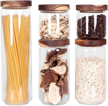 SAIOOL Set of 5 Kitchen Canisters,Thick, Stackable, Natural Style,Cookie, Rice and Spice Jars - Sugar or Flour Container - Big and Small Airtight Food Jar for Pantry