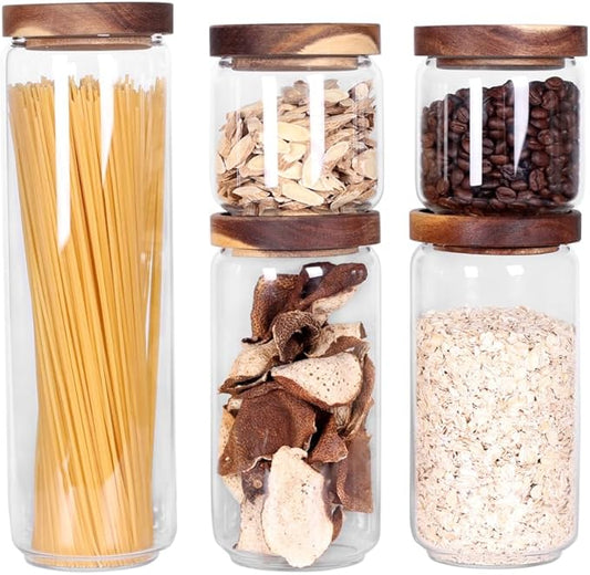 SAIOOL Set of 5 Kitchen Canisters,Thick, Stackable, Natural Style,Cookie, Rice and Spice Jars - Sugar or Flour Container - Big and Small Airtight Food Jar for Pantry