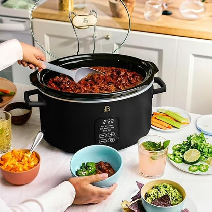B 6 Qt Programmable Slow Cooker with Digital Timer, 5 Cooking Functions, Removable Ceramic Pot, Tempered Glass Lid, Dishwasher Safe (Black Sesame)