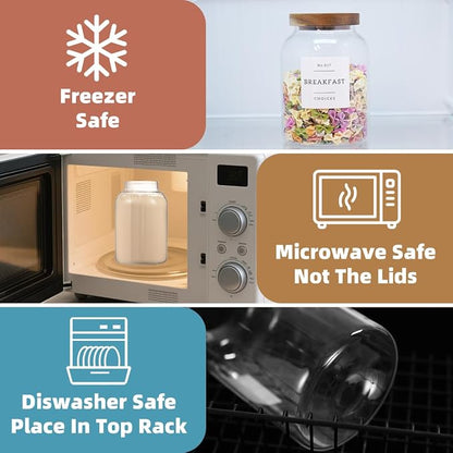 2 Pack Glass Food Storage Containers with Airtight Acacia Wood Lids and 132 Kitchen Pantey Labels Preprint - 43 LF OZ Borosilicate Glass Canister Sets for Food,Coffee,Cookie,Tea,Candy,Sugar