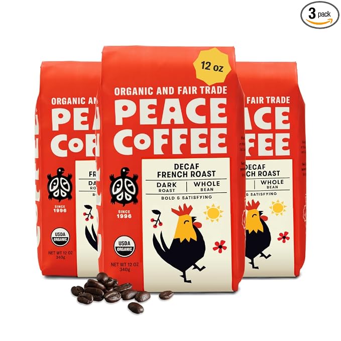 Peace Coffee Decaf French Roast Whole Bean Coffee, Dark Roast, 12 oz, Pack of 3, Organic Fair Trade, Nutty, Bold Flavor, Shade Grown, Fresh Roasted